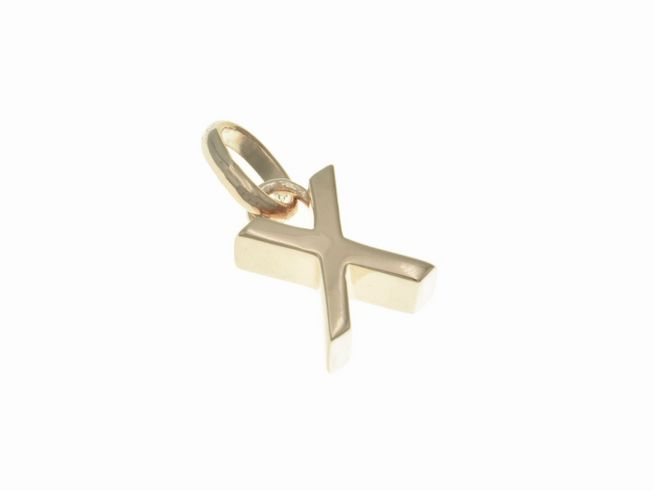 Anhänger aus Sterling Silber in Form des Buchstabens X, poliert und vergoldet in Roségold, gefertigt von Juwelier Harnisch, elegantes Schmuckstück.