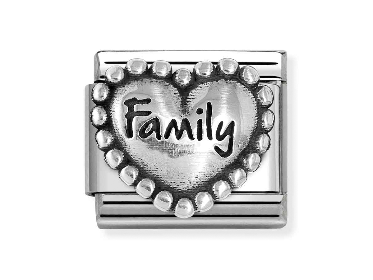 Nomination Sterling Silber 330101 84 - Family-Kugelherz Element - Classic Silber Kugelherz Element aus Sterling Silber mit eingraviertem Wort Family und einer Perlenumrandung, verziert in klassischem Design, neu von Nomination, Modellnummer 330101 84.