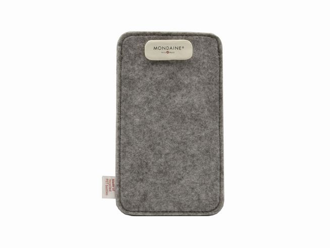 Recycelte Handyhülle aus recycelten PET-Flaschen in Grau, hergestellt von Mondaine. Die Hülle bietet einen robusten und nachhaltigen Schutz für Smartphones und hat ein schlichtes Design.