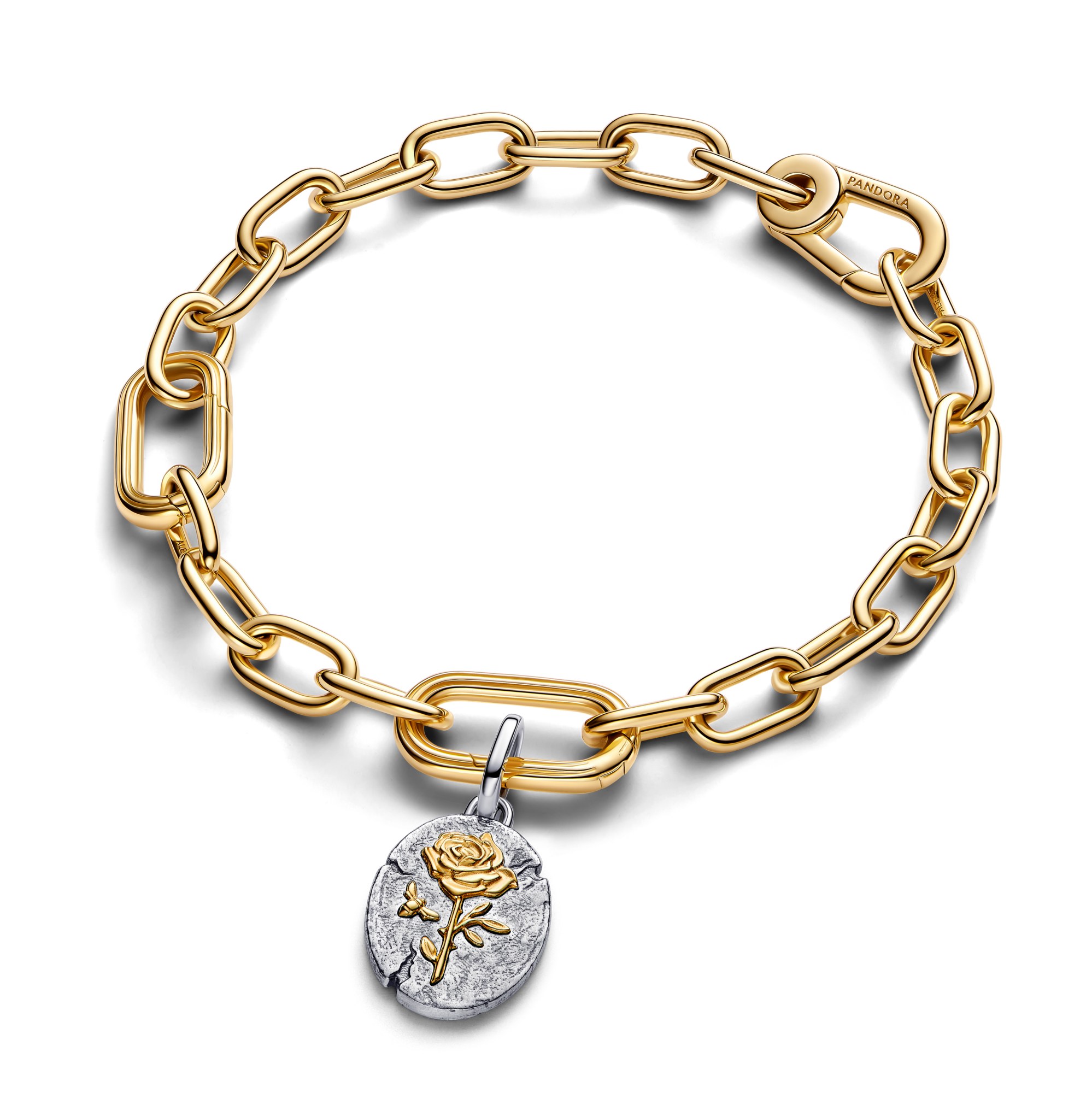 Pandora Me - Rose Medaillon-Charm - Silber & Gelbgold Vergoldung - ROSA INTER SPINAS CRESCIT – Ansicht 2