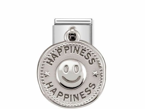 Silberner Charm von Nomination mit dem Motiv eines lächelnden Emojis und der Aufschrift Happiness, elegant gestaltet mit glänzender Oberfläche und detailreicher Prägung.