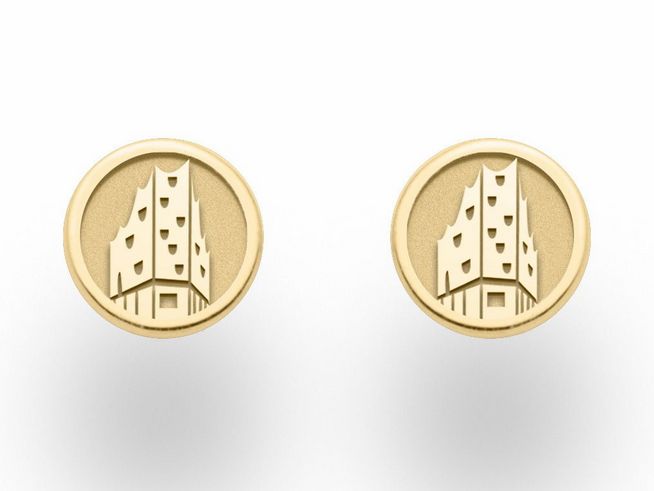 Ohrringe aus Sterling Silber mit Gelbgold Vergoldung, designet von DUR, mit stilisiertem Hamburger Elbphilharmonie Motiv auf runder Fläche, eleganter und moderner Schmuck.