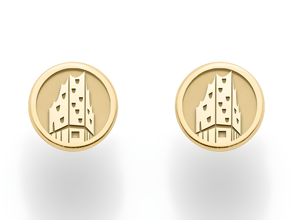 Ohrringe aus Sterling Silber mit Gelbgold Vergoldung, designet von DUR, mit stilisiertem Hamburger Elbphilharmonie Motiv auf runder Fläche, eleganter und moderner Schmuck.