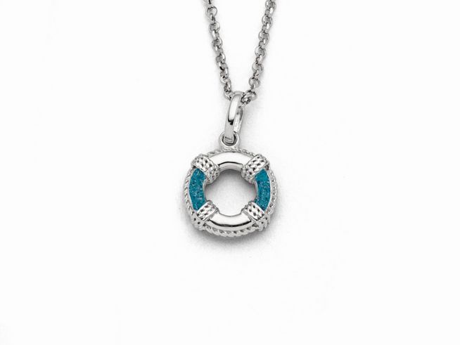 Sterling Silberkette mit einem Anhänger in Form eines Rettungsrings, besetzt mit blauem Steinsand, Länge der Kette 42 cm, Hersteller DUR.