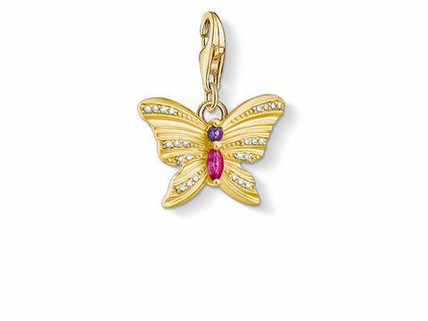 Silber Gelbgold Charm-Anhänger von Thomas Sabo in Form eines Schmetterlings, verziert mit bunten Steinen, ideal für tierische Motive.