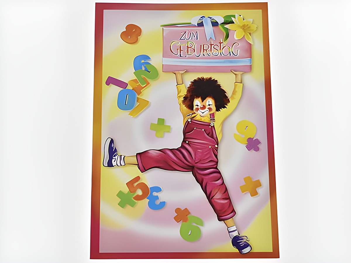 Geburtstagskarte mit einem fröhlichen Clown, der ein Geschenk hält, umgeben von bunten Zahlen und einem fröhlichen Hintergrund, Hersteller Juwelier Harnisch, Geburtstagskarten.