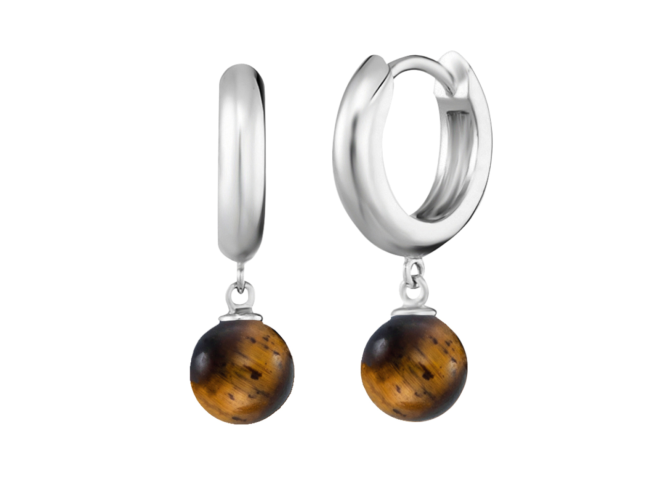 Silberne Creolen mit einem hängenden Tigerauge aus Braun- und Schwarzton, harmonisch kombiniert für einen eleganten und kraftvollen Look, ideal als Schmuckstück für besondere Anlässe.