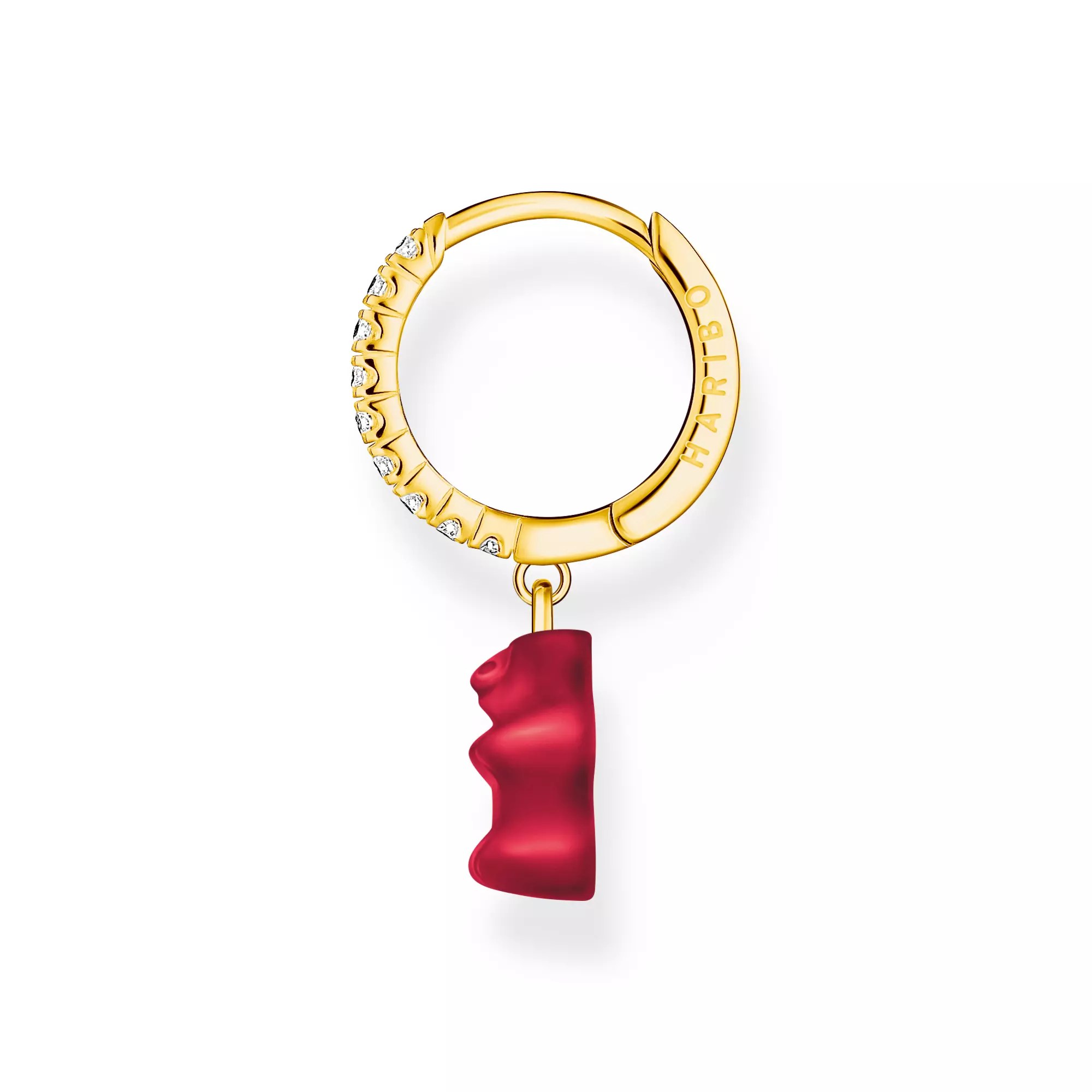 Thomas Sabo Einzel-Creole mit rotem Goldbären-Anhänger und Steinen vergoldet – HARIBO – Silber – Zirkonia – Ansicht 2