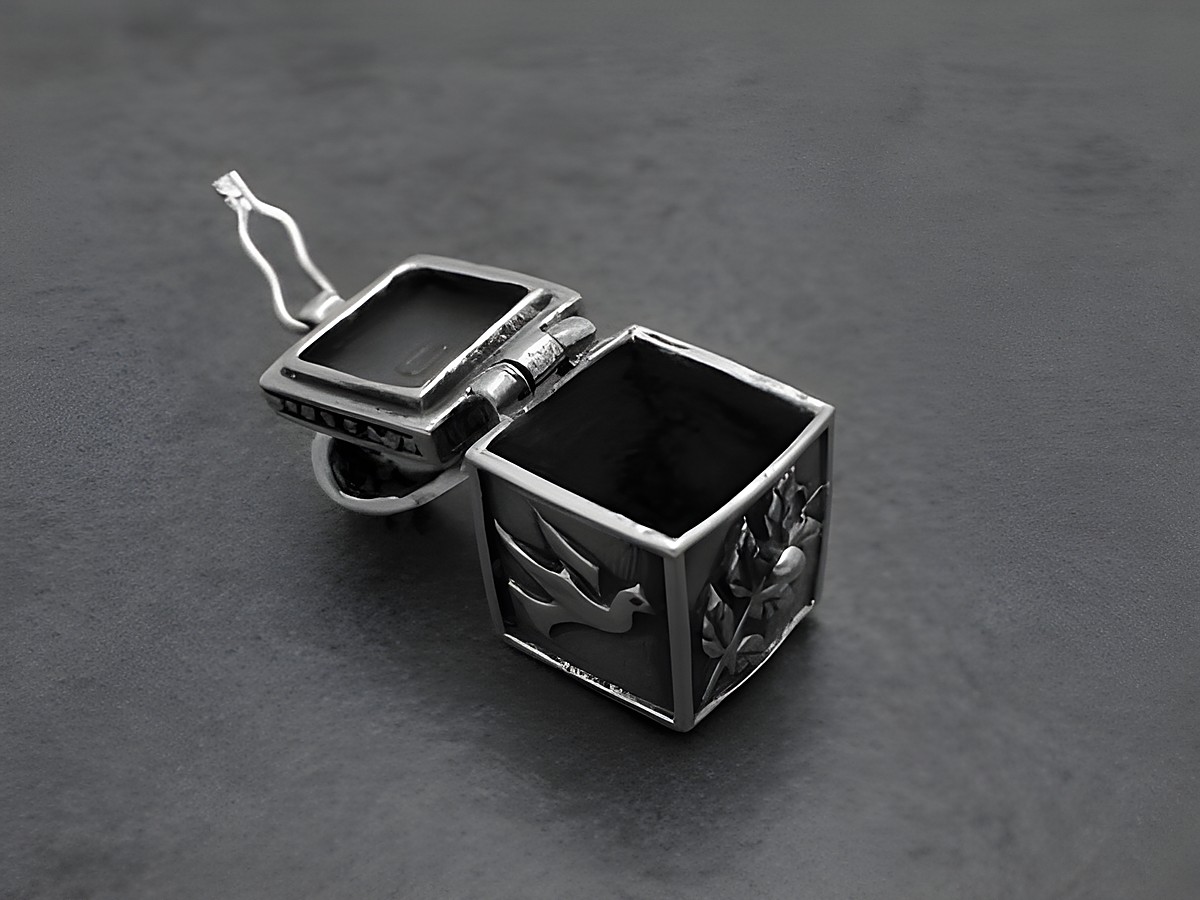 Eine edle Truhe aus Sterling Silber, verziert mit einem Medaillon, einer Friedenstaube und einem Olivenzweig, hergestellt von Juwelier Harnisch, Sonderformen. – Ansicht 2
