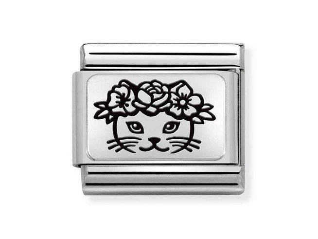 Charm von Nomination Classic Silber 330111 23 aus Edelstahl und Sterling Silber, gestaltet mit einer Katze, die mit Blumen geschmückt ist. Ideal für kreative Schmuckstücke.