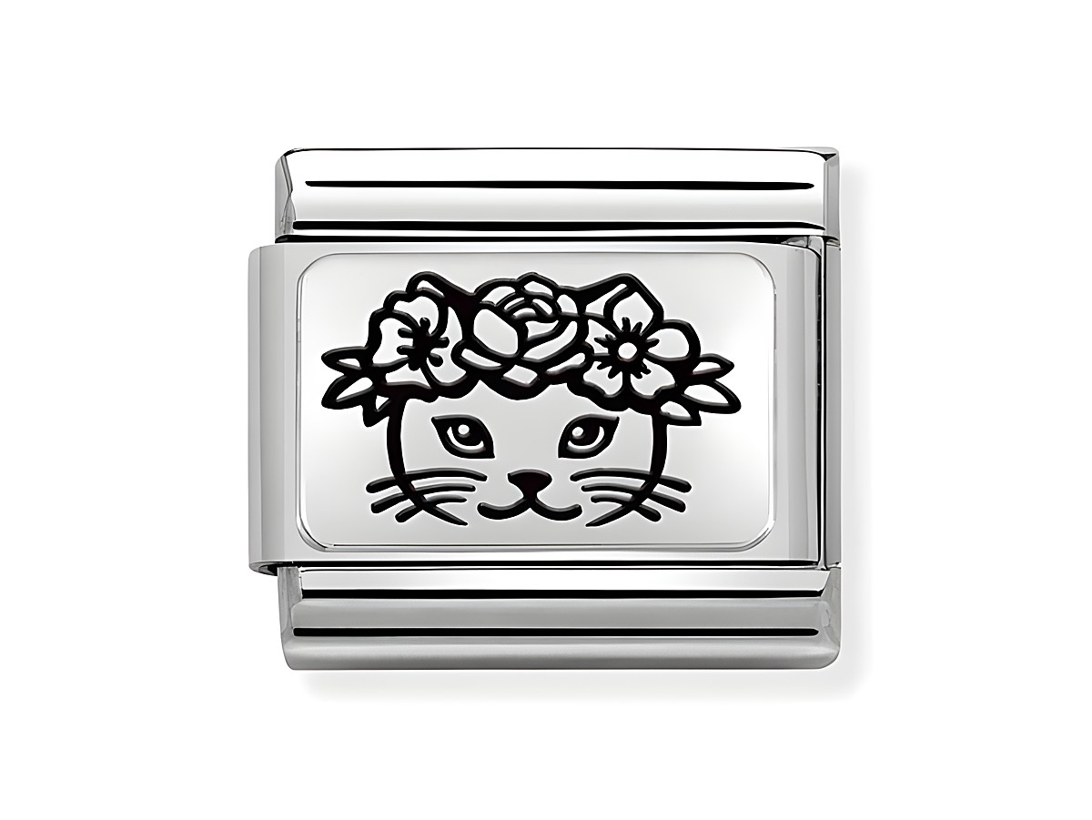 Charm von Nomination Classic Silber 330111 23 aus Edelstahl und Sterling Silber, gestaltet mit einer Katze, die mit Blumen geschmückt ist. Ideal für kreative Schmuckstücke.