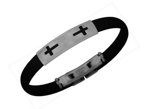 Kautschuk Edelstahl Armband mit zwei Kreuzmotiven, hochwertig verarbeitet, Hersteller Juwelier Harnisch, ideal für den modischen Ausdruck.
