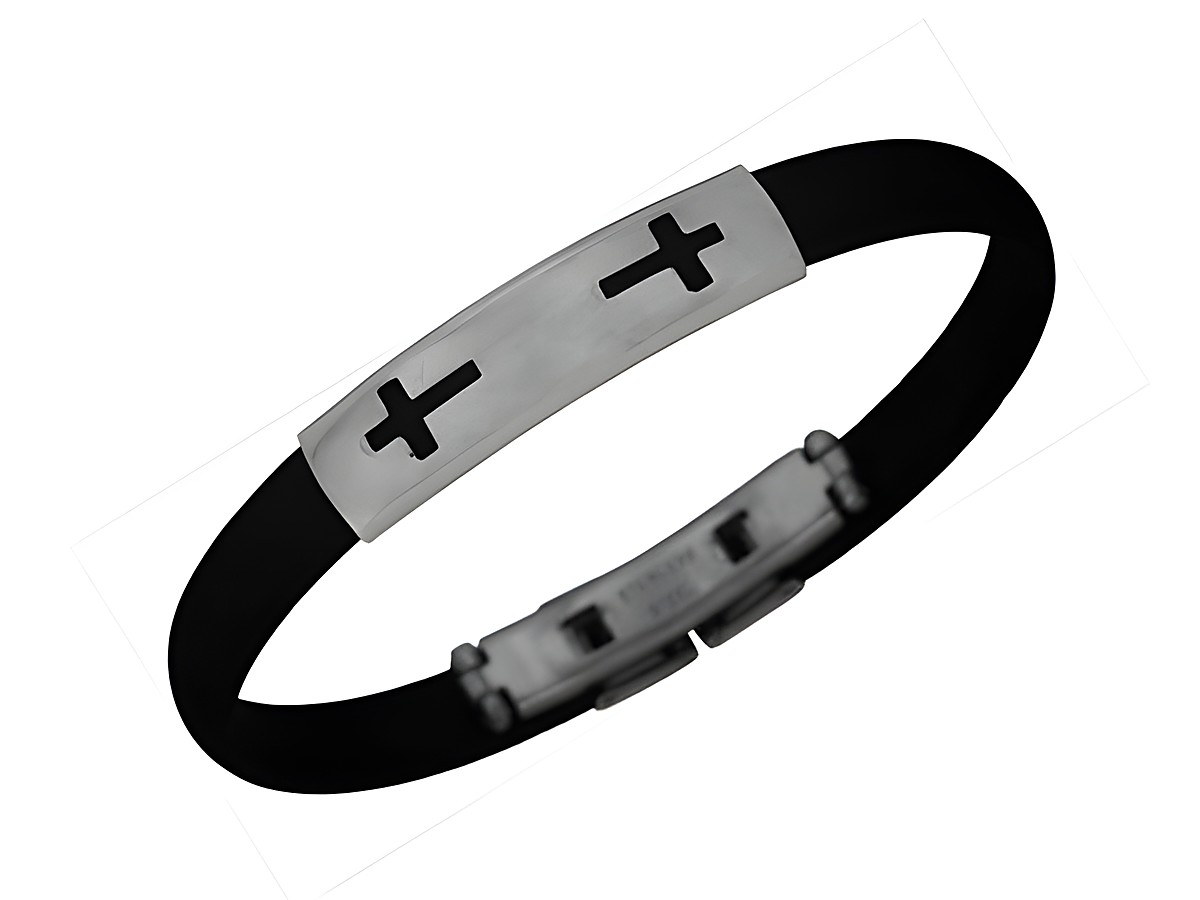 Kautschuk Edelstahl Armband mit zwei Kreuzmotiven, hochwertig verarbeitet, Hersteller Juwelier Harnisch, ideal für den modischen Ausdruck.