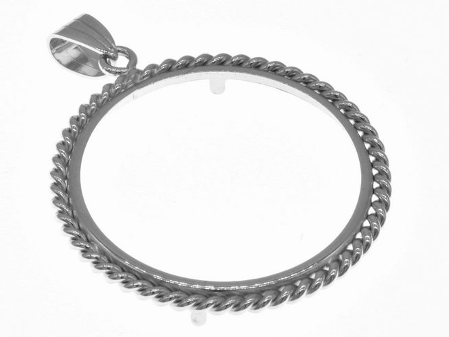 Münzfassung Anhänger aus rhodiniertem 925 Sterling Silber mit Kordelmotiv, geeignet für Münzen bis 3,5 cm Durchmesser, Hersteller Juwelier Harnisch.