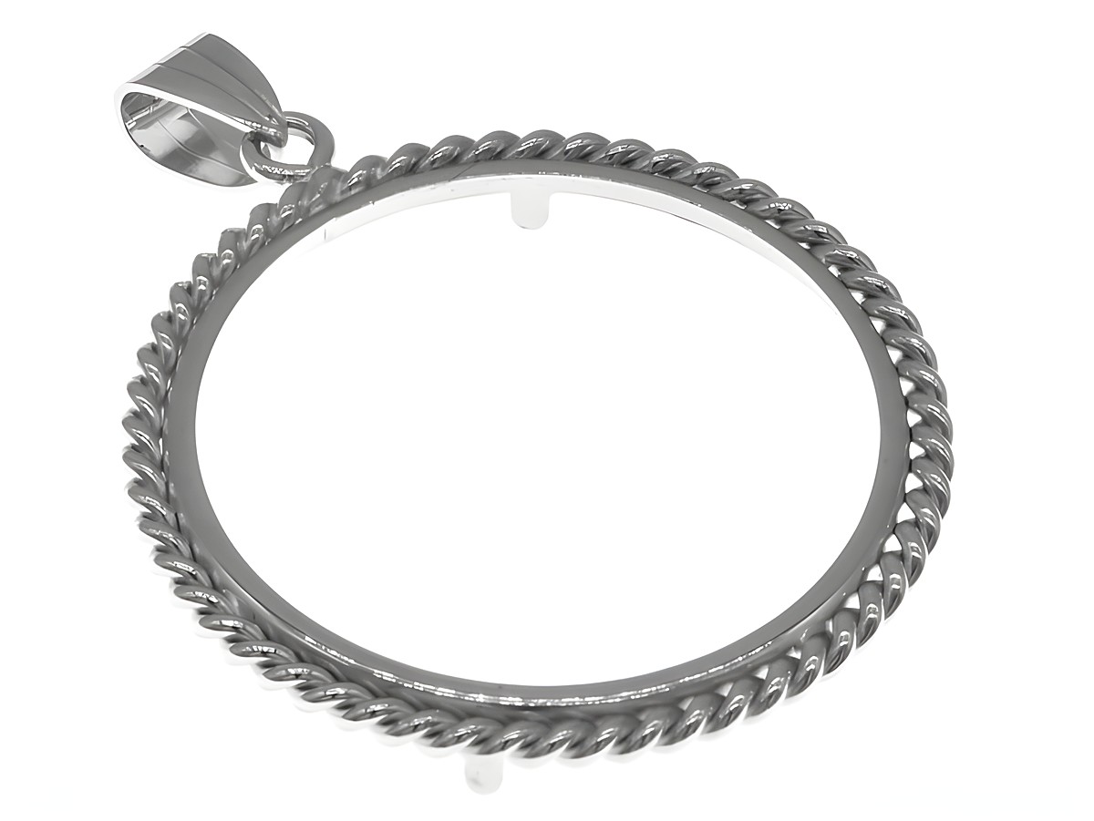 Münzfassung Anhänger aus rhodiniertem 925 Sterling Silber mit Kordelmotiv, geeignet für Münzen bis 3,5 cm Durchmesser, Hersteller Juwelier Harnisch.