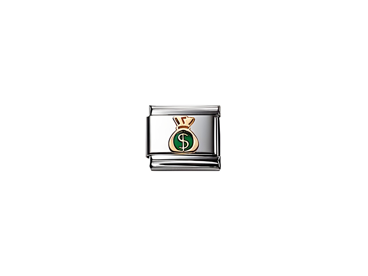 Emailliertes Charm in Form eines Geldsacks mit Dollarsymbol, hergestellt von Nomination, Modell Classic. Ideal für individuelle Armbänder und modische Akzente.