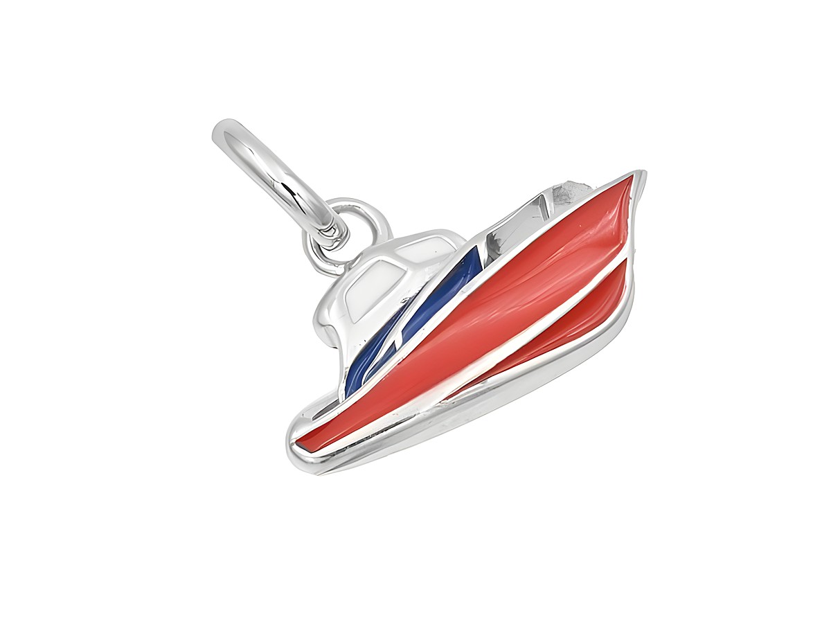 Anhänger Motorboot aus poliertem rhodiniertem Sterling Silber mit Lack in Weiß, Blau und Rot, Hersteller Juwelier Harnisch, dekoratives Design für maritimen Stil.