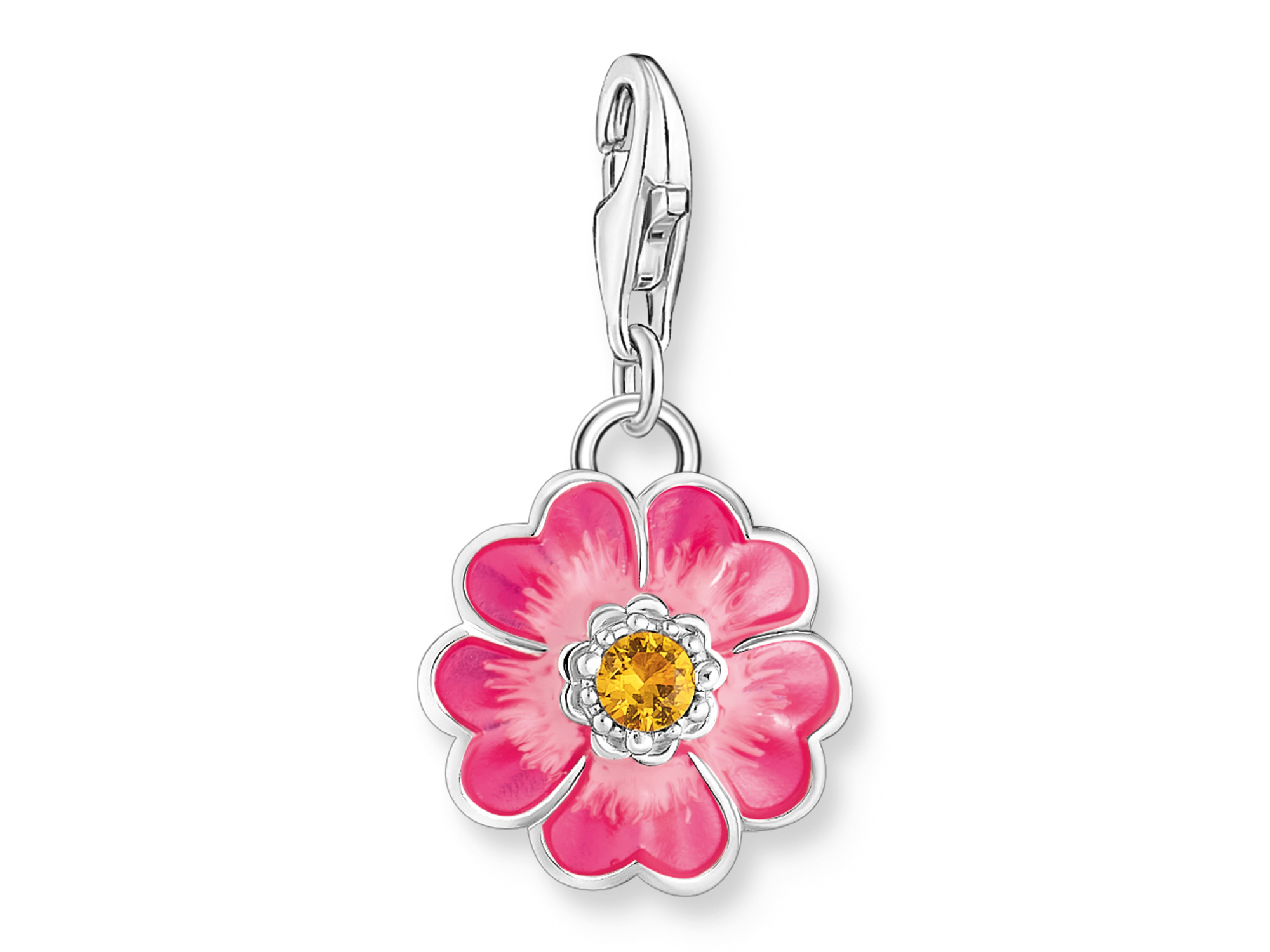 Charm-Anhänger von Thomas Sabo in Form einer bunten rosa Blume mit einer gelben Verzierung in der Mitte, gefertigt aus hochwertigem Material, ideal für modische Akzente.