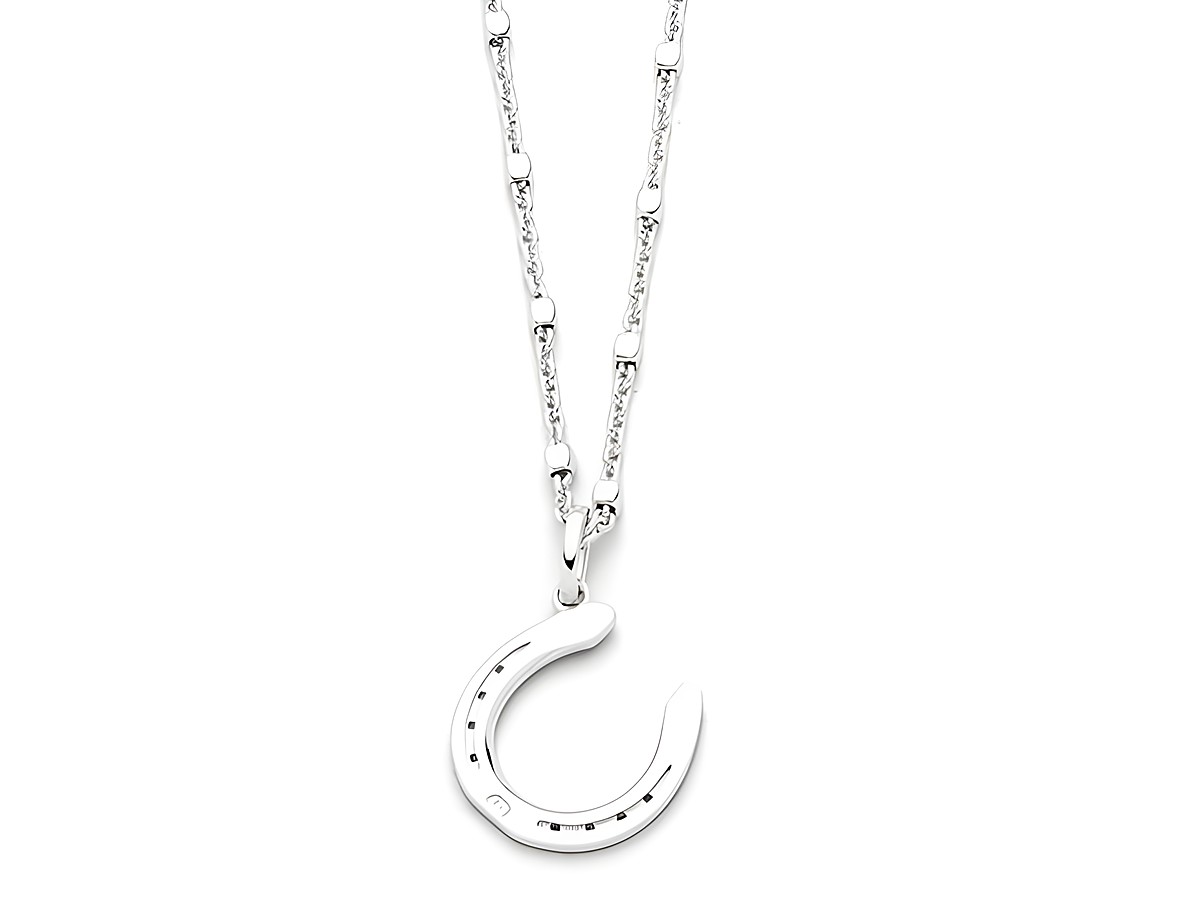 Sterling Silber rhodiniertes Hufeisen als Anhänger an einer feinen Kette von DUR, Symbol für Pferdeglück, aus der Neuheiten-Kollektion, elegant und charmant.