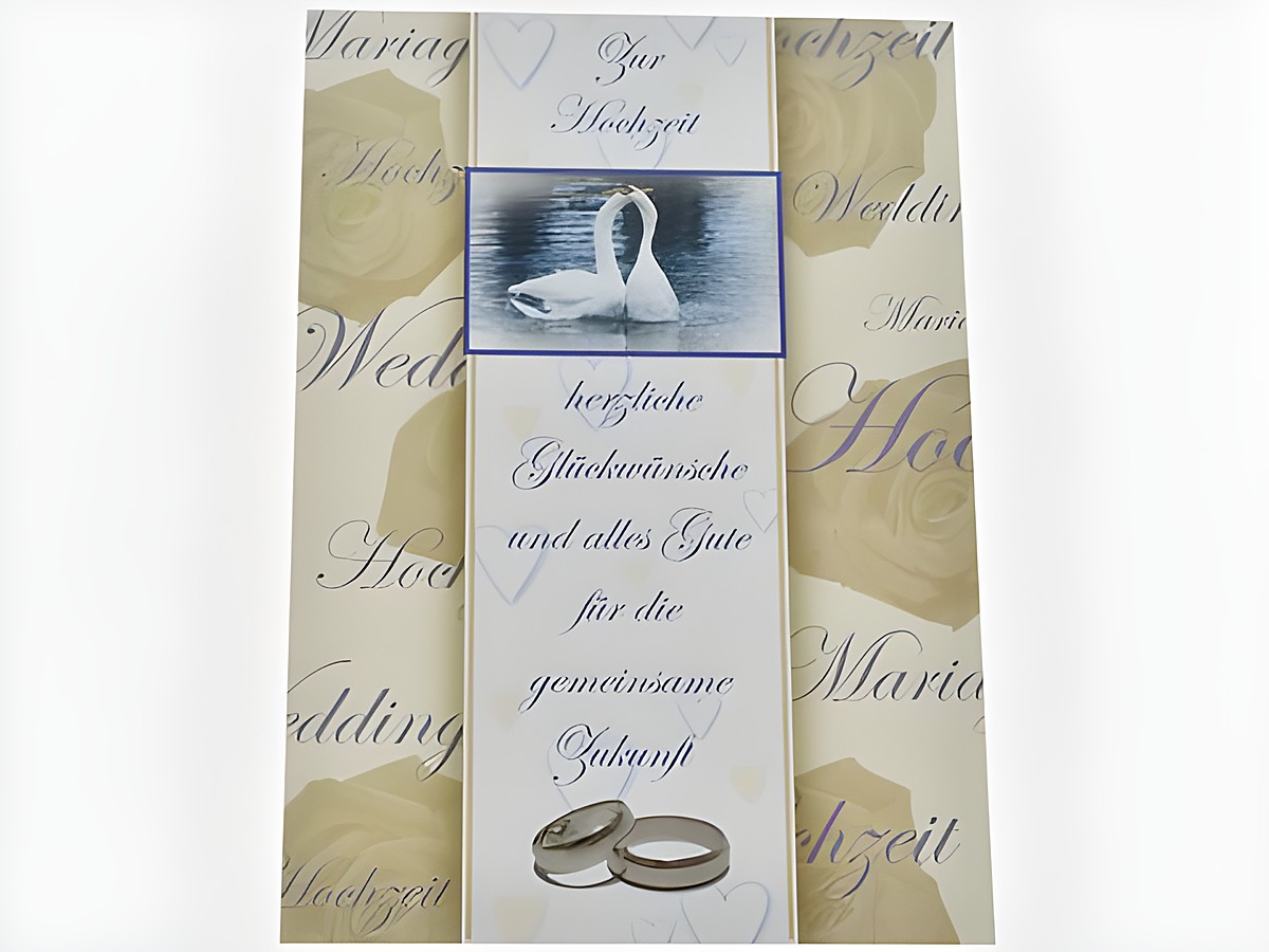 Hochzeitskarte mit einem Bild von zwei Schwänen auf einem See, umgeben von einem eleganten Design in sanften Farben und dem Schriftzug herzliche Glückwünsche zur Hochzeit sowie Abbildung von Trauringen.
