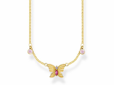 Kette von Thomas Sabo in Silber und Gelbgold mit mehrfarbigem Schmetterling und zwei farbigen Anhängern, verstellbar von 40 bis 45 cm.