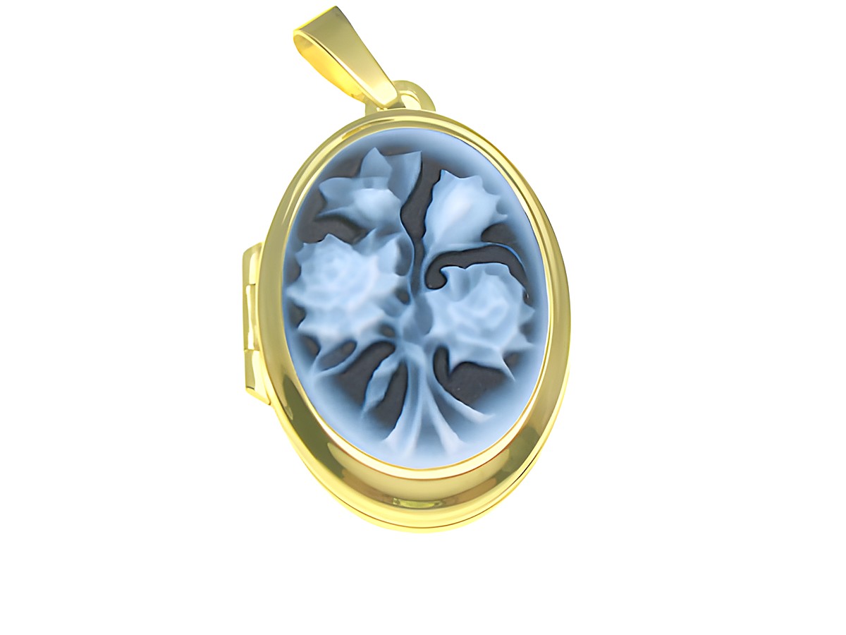 Rosen Blumenstrauß Achat Gemme Medaillon in Gold 585, Hersteller Juwelier Harnisch, mit filigraner Gemme-Darstellung von Rosenmotiven. Elegantes und kunstvolles Schmuckstück.
