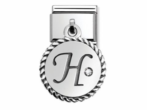 Buchstaben Charm von Nomination aus Silber mit dem Buchstaben H und einem kleinen Zirkonia, eingefasst in einer geschwungenen Umrandung. Ideal für personalisierte Schmuckstücke.