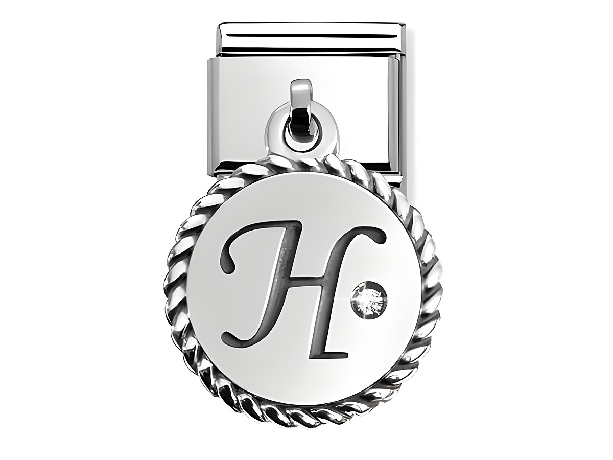 Buchstaben Charm von Nomination aus Silber mit dem Buchstaben H und einem kleinen Zirkonia, eingefasst in einer geschwungenen Umrandung. Ideal für personalisierte Schmuckstücke.