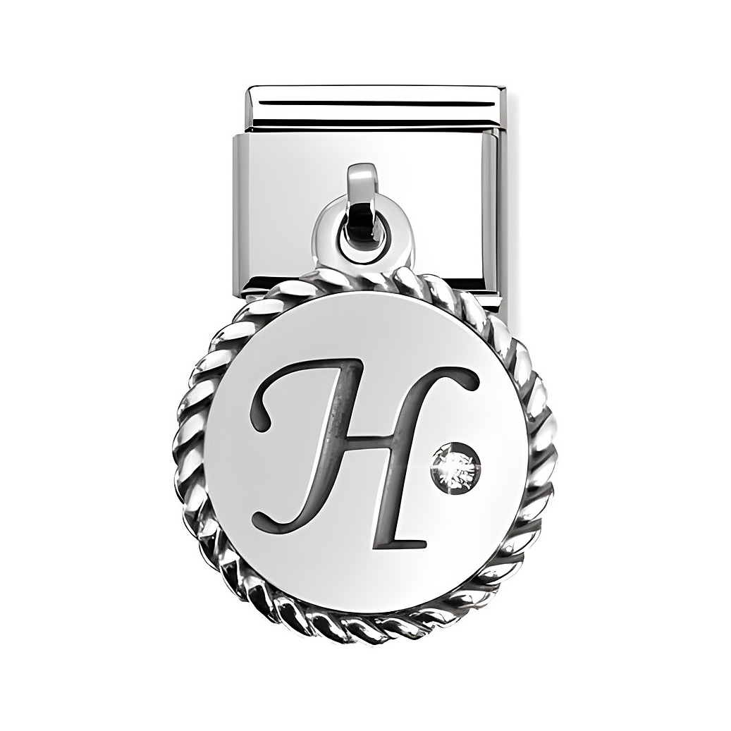 Buchstaben Charm von Nomination aus Silber mit dem Buchstaben H und einem kleinen Zirkonia, eingefasst in einer geschwungenen Umrandung. Ideal für personalisierte Schmuckstücke.
