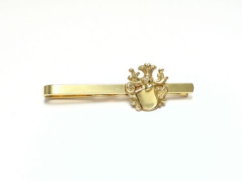 Krawattenklammer aus echtem Gold 333 mit Wappen, hergestellt von Juwelier Harnisch. Zeitloses Design, perfekt für elegante Anlässe und als stilvolles Accessoire.