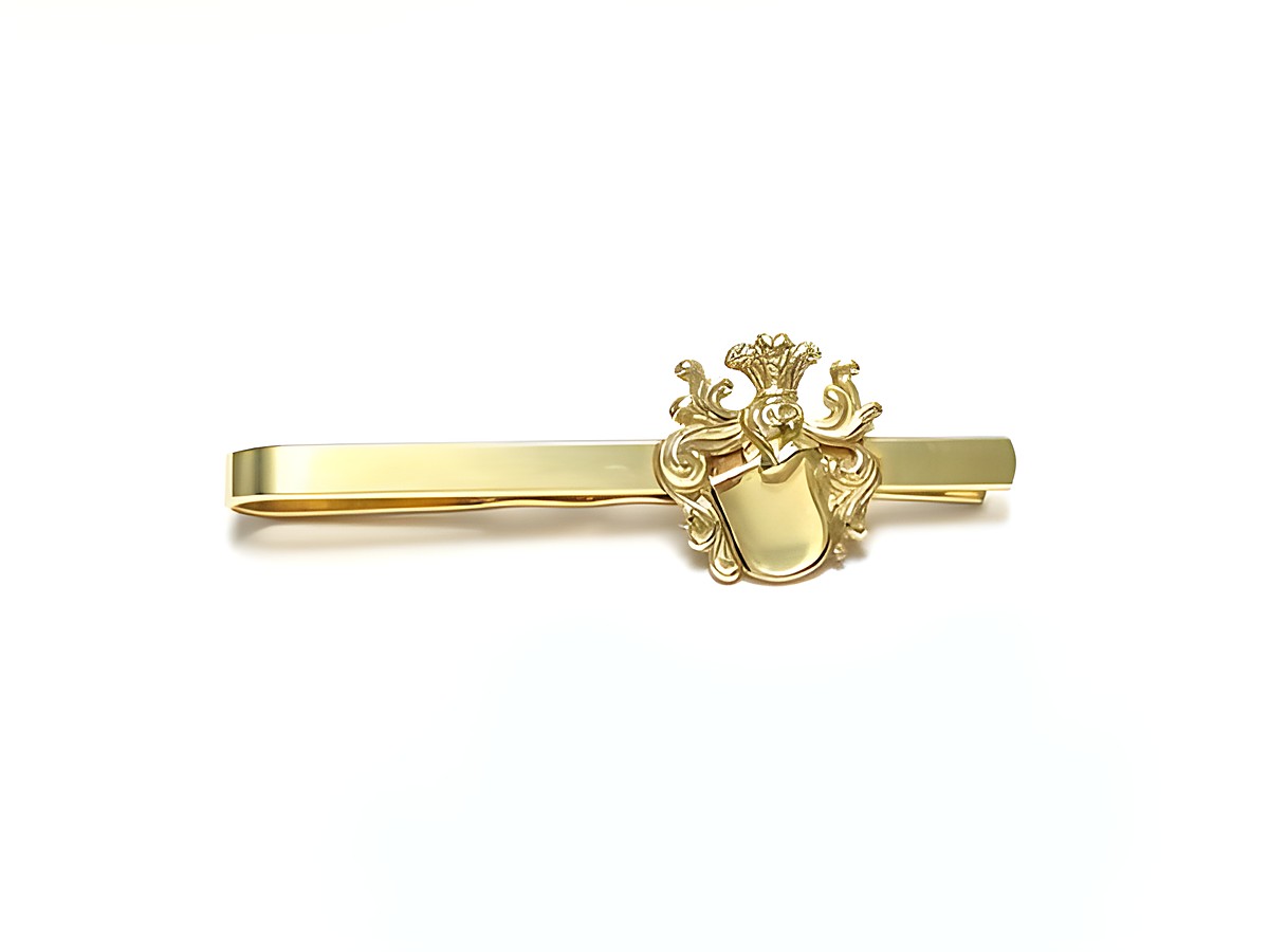 Krawattenklammer aus echtem Gold 333 mit Wappen, hergestellt von Juwelier Harnisch. Zeitloses Design, perfekt für elegante Anlässe und als stilvolles Accessoire.