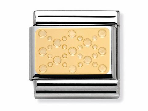 Elegante Nomination Classic Gold Charm mit einer goldenen Fläche und erhabenem Bubbles-Design. Der Charm ist Teil der Elegance Collection und bietet einen modernen Akzent für jedes Armband.