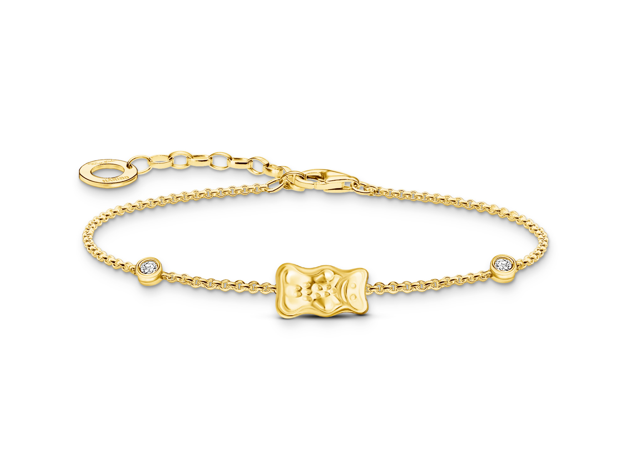 Elegantes Thomas Sabo Armband in gold mit vergoldetem Gummibärchen und funkelnden Zirkonia, für einen Umfang von 16 bis 19 cm, inspiriert von HARIBO.