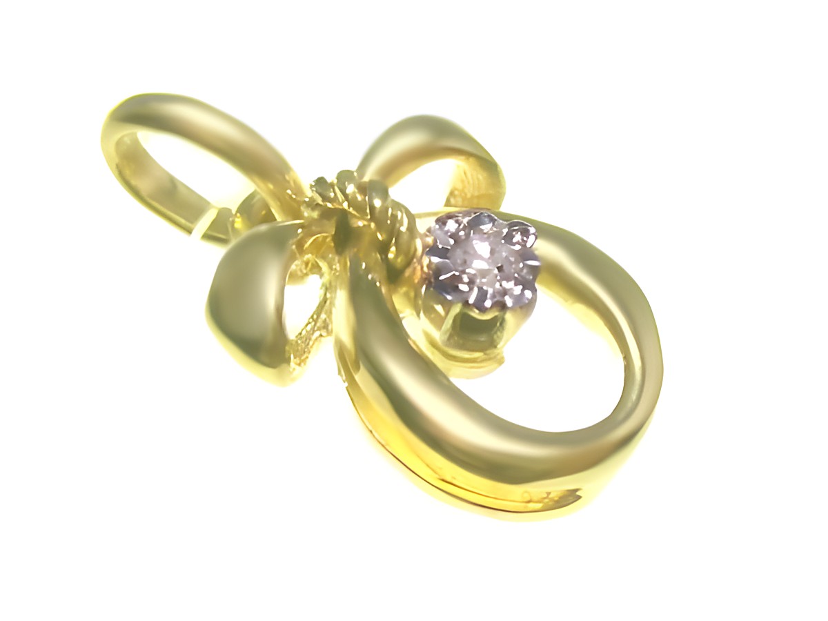 Design Diamant Gold 585 Anhänger aus Gelbgold mit einem funkelnden Diamanten in der Mitte, entworfenen Schleifen und einer eleganten Verarbeitung vom Hersteller Juwelier Harnisch.