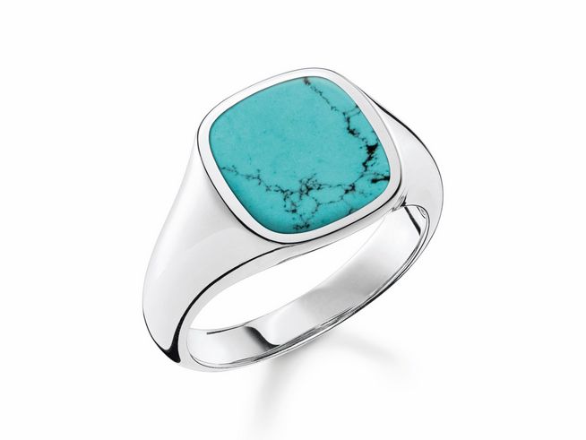 Herrenring aus Sterling Silber von Thomas Sabo mit quadratischem turquoisefarbigen Stein, Größe 62, modern und elegant designed. Ideal als stilvolles Accessoire.