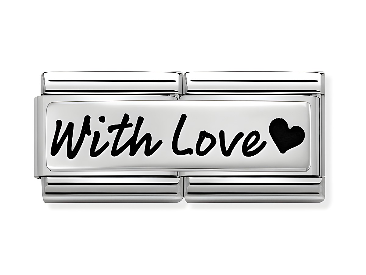 Nomination Classic Sterling Silver DOUBLE 330710 29 With Love zeigt ein silbernes Charm mit der Aufschrift With Love und einem Herzsymbol, perfekt für persönliche Geschenkanlässe.