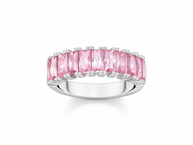 Silberner Ring von Thomas Sabo mit pinken Zirkonia, Größe 56, in elegante Form mit vielen glitzernden Steinen für einen funkelnden Look. Ideal für besondere Anlässe.