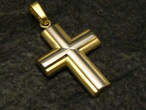Bicolor Goldkreuz aus Gold 333, Hersteller Juwelier Harnisch, glänzende Oberflächen und moderne Form, ideal als Anhänger für eleganten Schmuck.