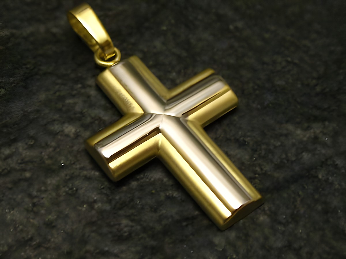 Bicolor Goldkreuz aus Gold 333, Hersteller Juwelier Harnisch, glänzende Oberflächen und moderne Form, ideal als Anhänger für eleganten Schmuck.