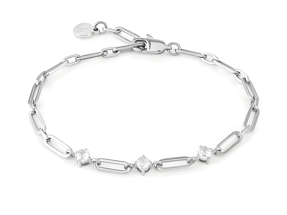 Edelstahl Armband von Nomination mit weißen Zirkonia, Teil der CHAINs OF STYLE Kollektion, in glänzender Optik, Länge 21 cm, modernes Design mit eleganten Gliedern.