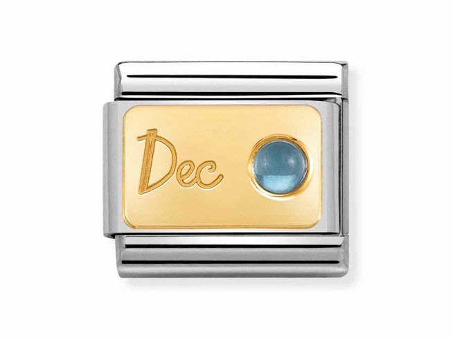 Edelstahl- und Gold charm des Herstellers Nomination, goldene Platte mit eingeprägtem Monat Dezember und blauer Topas als Monatsstein.