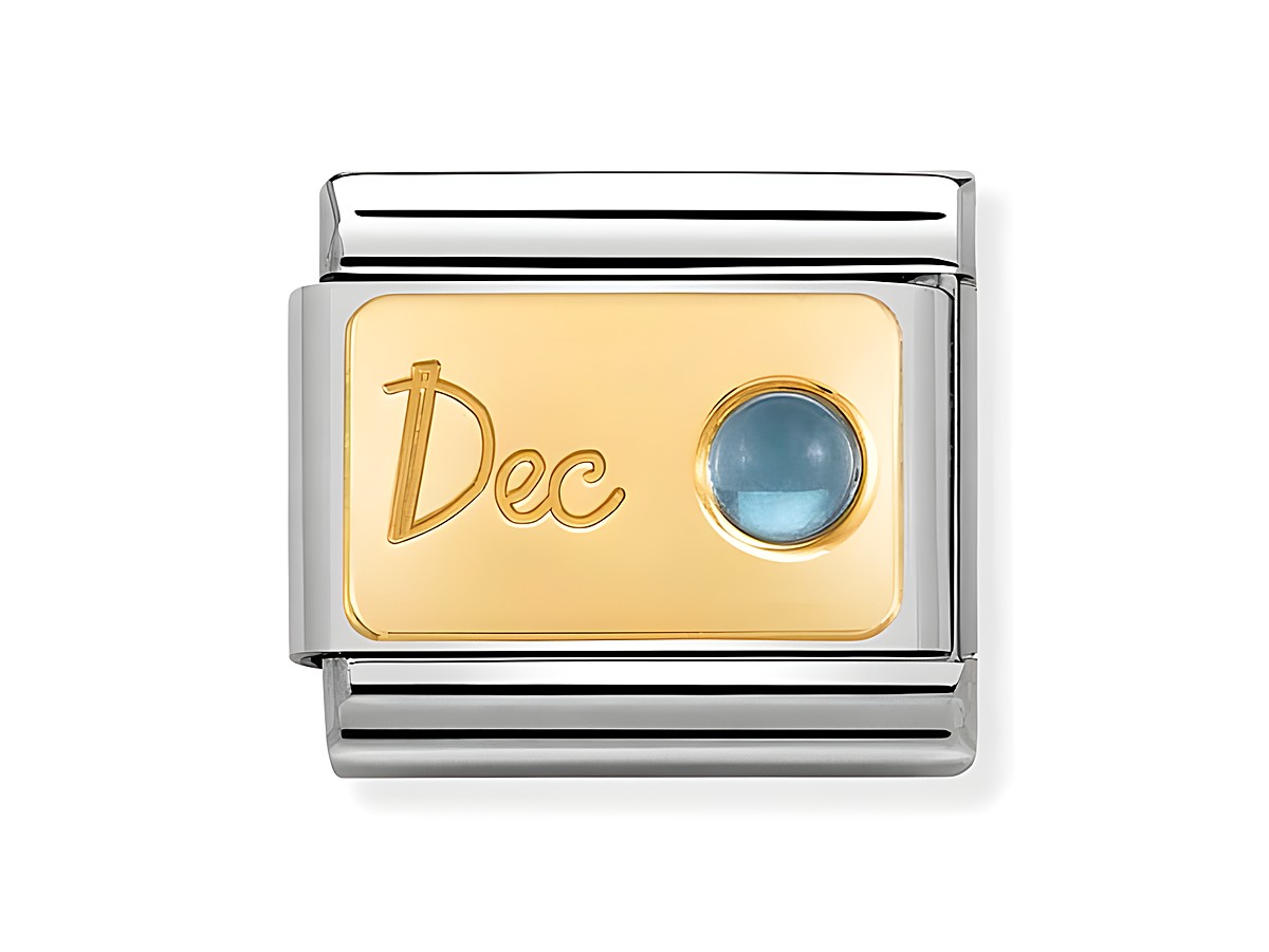 Edelstahl- und Gold charm des Herstellers Nomination, goldene Platte mit eingeprägtem Monat Dezember und blauer Topas als Monatsstein.