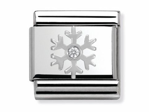 433031302-0 Silberner Nomination Silvershine Classic Clip mit Schneeflockenmuster und einem funkelnden Kristall in der Mitte, elegantes Design für jeden Anlass.