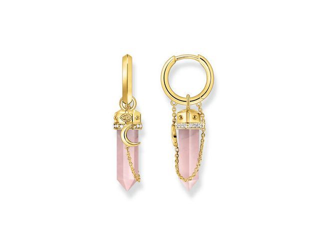 Thomas Sabo Creolen aus Silber mit vergoldeter Oberfläche, verziert mit Zirkonia und einem Rosenquarz, der als Kristallanhänger in Rosa-Pink gestaltet ist.