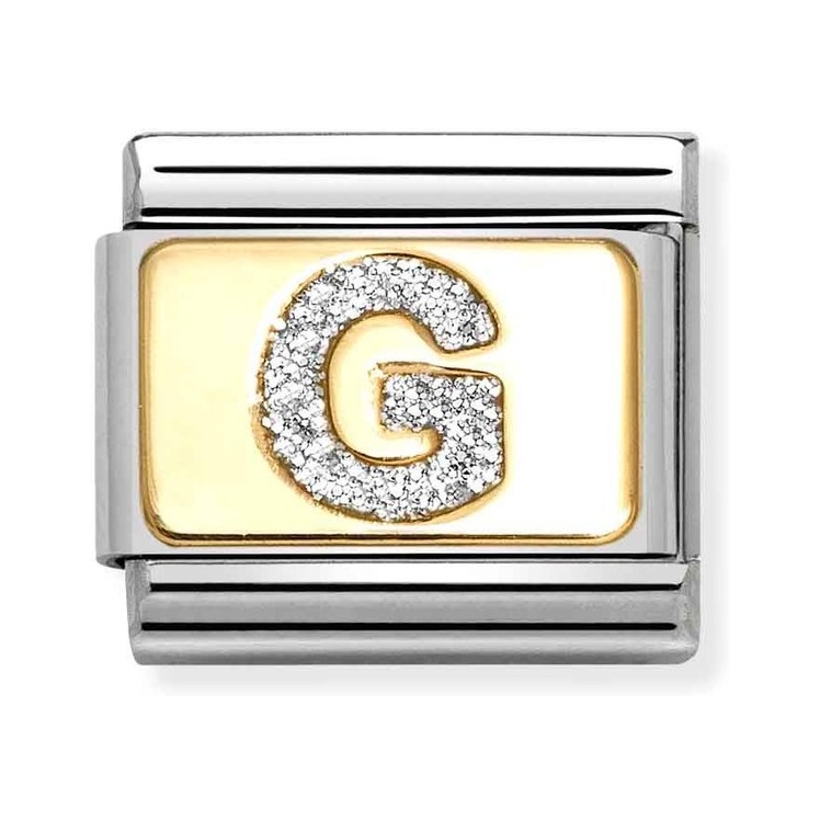 Nomination Composable Classic Charm Buchstabe G Silberglitzer - Edelstahl, Gold 750, Emaille
