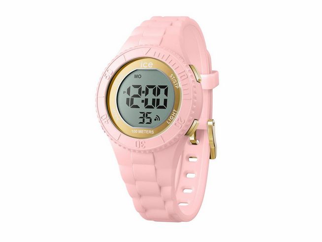 Die Ice Watch ICE digit in Pink Lady Gold Small zeigt ein digitales Ziffernblatt mit goldener Umrandung und einem pinken Armband, geeignet für den Alltag und wasserdicht bis 100 Meter.