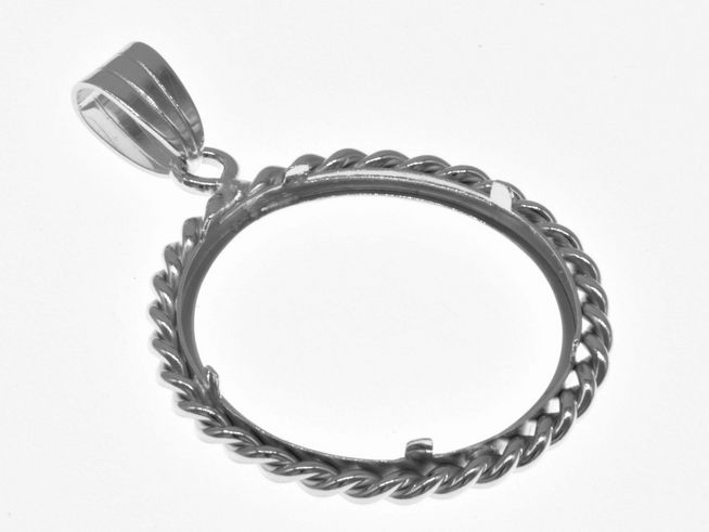 Münzfassung Anhänger aus 925 Sterling Silber rhodiniert mit Kordel-Design, geeignet für Münzen bis 24 mm Durchmesser, Hersteller Juwelier Harnisch, ideales Schmuckstück für individuelle Gestaltung.