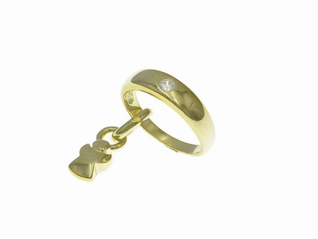 Taufring mit Schutzengel aus poliertem Sterling Silber, vergoldet in Gelbgold, mit Zirkonia, Hersteller Juwelier Harnisch, Silber mit Anhänger in Engel Form.
