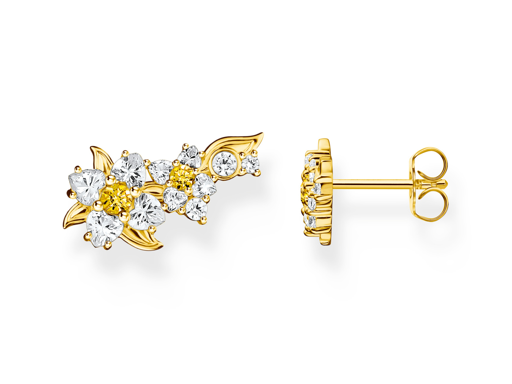 Thomas Sabo Ohrstecker H2324-414-4 in Blumenform aus vergoldetem Silber mit gelben und klaren Steinen, elegantes und modernes Design, ideal für jeden Anlass.