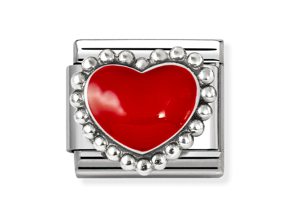 Oxidiertes Sterling Silber Charm mit rotem Emaille Herz in gewölbter Form, umgeben von einem perlenden Rahmen, passend für Nomination Armbänder, Hersteller Neuheiten.